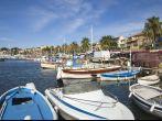 Large view of the port of Bandol, Bandol village on a market day. French riviera, France; 