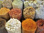 Spices in the spice souk in Dubai. Selective focus at the first row; 