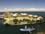 Peru, floating Uros islands on the Titicaca lake, the largest highaltitude lake in the world (3808m). Theyre built using the buoyant totora reeds that grow abundantly in the shallows of the lake.; 