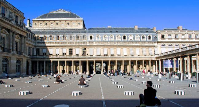 France, Paris: famous places, Palais Royal, the famous white and black sculptures made by the contemporany sculptor Buren sculptures