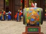SEOUL, KOREA - AUGUST 27, 2009: A traditional Korean drum rests at the entrance to Deoksugung Palace, a tourist landmark, for changing of the guards ceremony in Seoul, South Korea on August 27, 2009; 